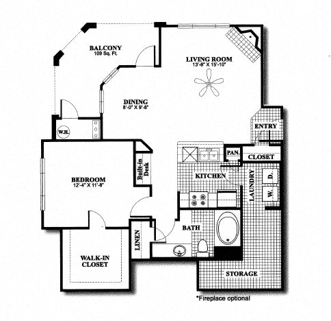 Floor plan for 1 bed, 1 bath, 925 sqft